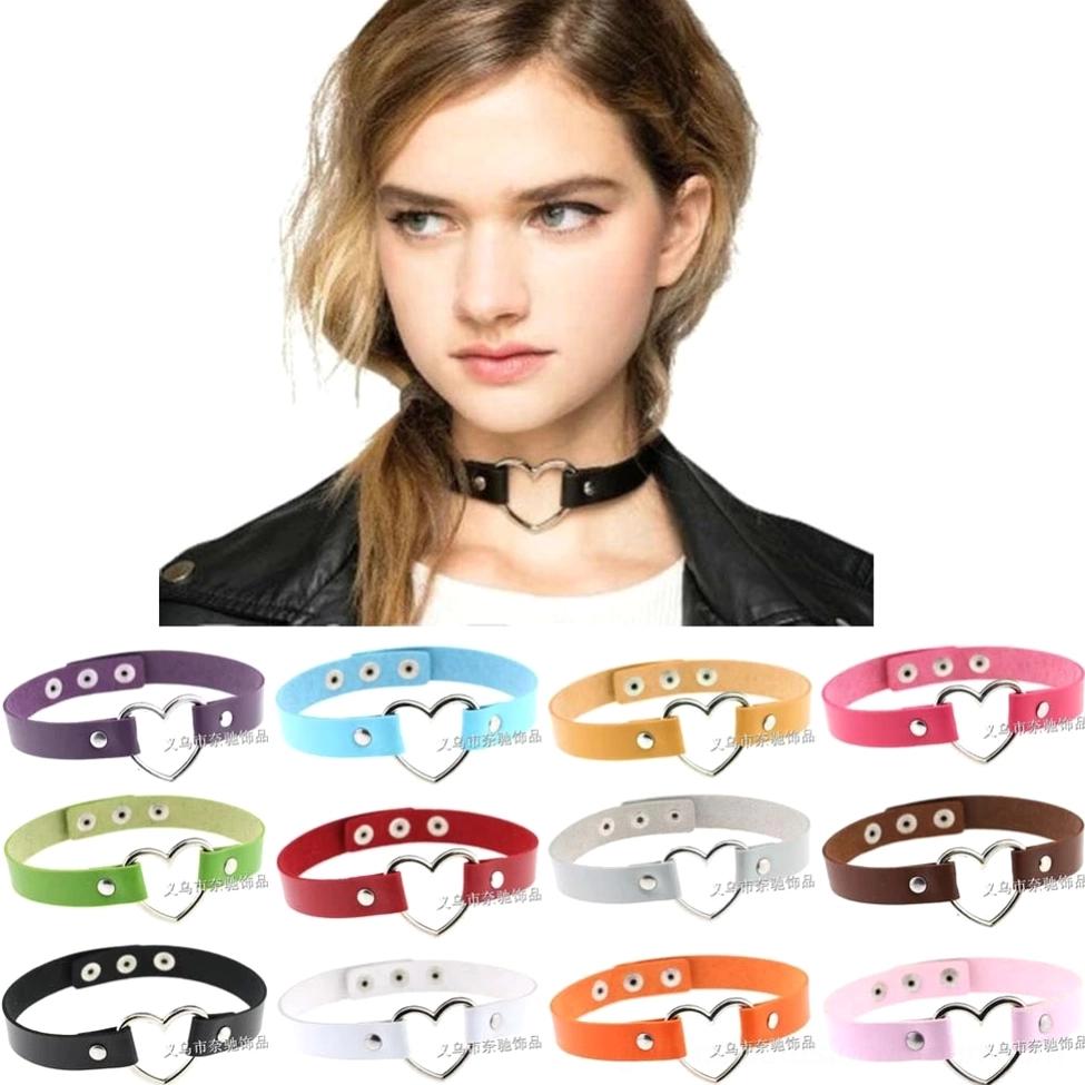 Gray PU leather heart choker necklace with silver heart buckle and link chain on white background