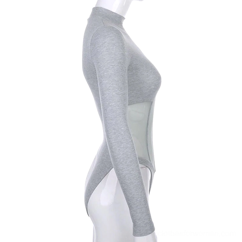 Gray mesh panel bodysuit with ribbed fabric and corset mesh torso - mannequin front studio display