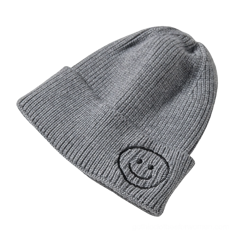 Gray smiley face embroidered knit beanie with black smiley, minimalist dark aesthetic winter hat