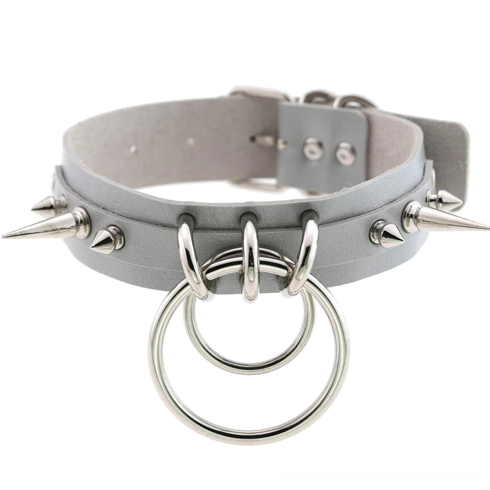 Gray spiked leather choker necklace with metal spike details and dual O-ring attachment points, flat front view