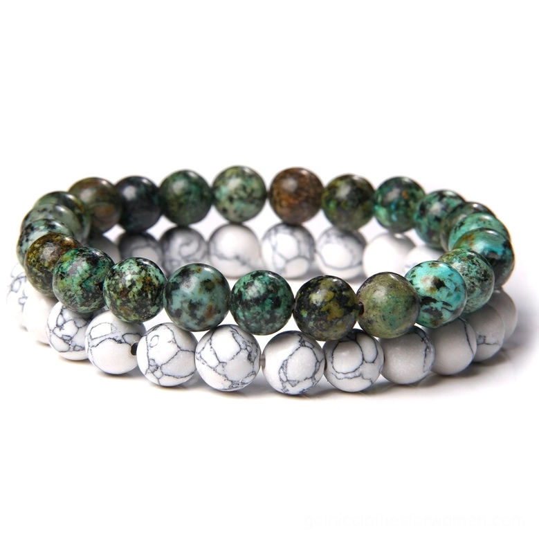 Forest green and earth-tone variegated natural stone beaded bracelet, witchy aesthetic, dual-strand flat lay