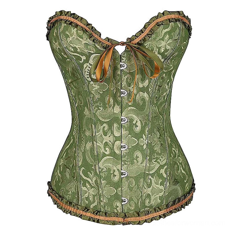 Green floral gothic corset with brown ruffled trim front view