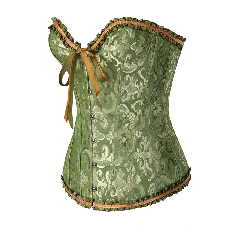 Green floral jacquard gothic corset side view with front ribbon tie detail