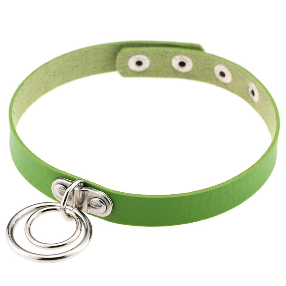 Green PU leather gothic choker with double metal rings, adjustable closure design