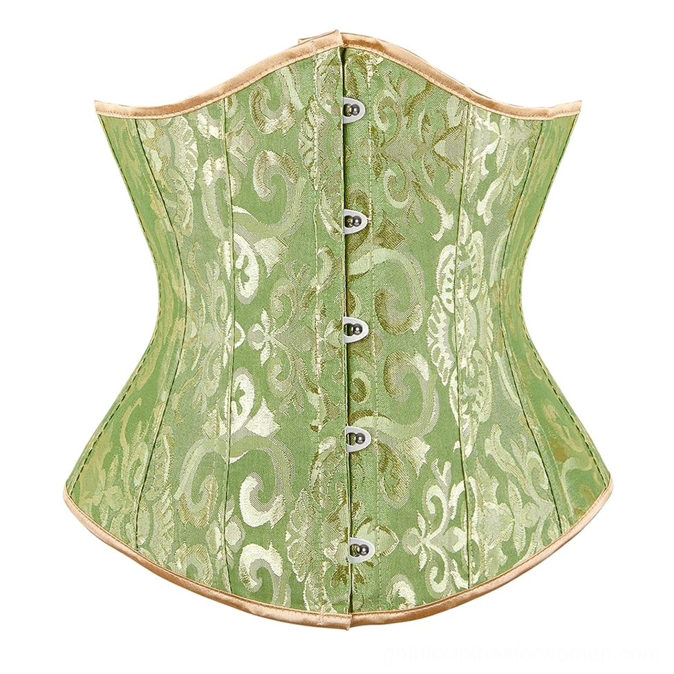 Green damask jacquard gothic corset with gold edge trim and authentic lace-up closure