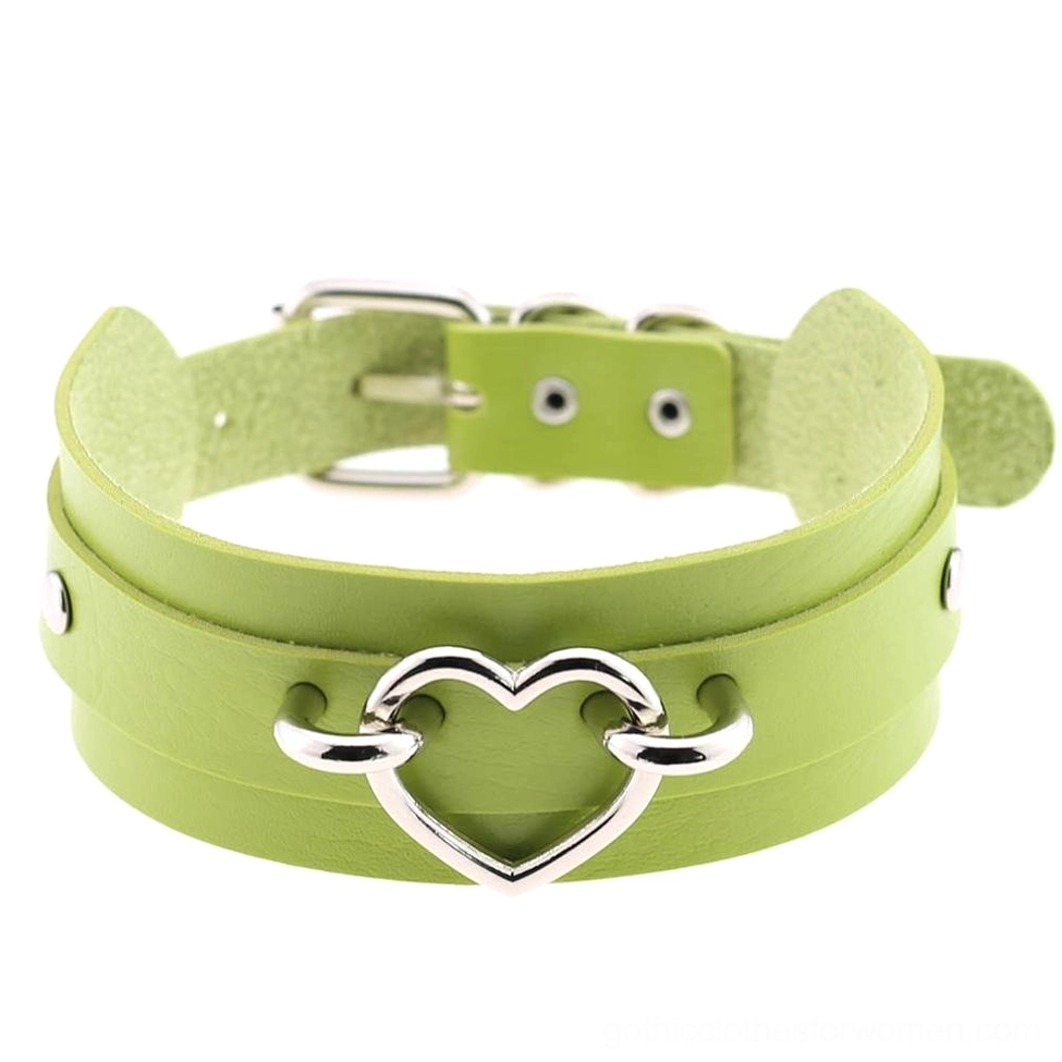 Lime green gothic heart choker with double-layer faux leather and silver heart ornament