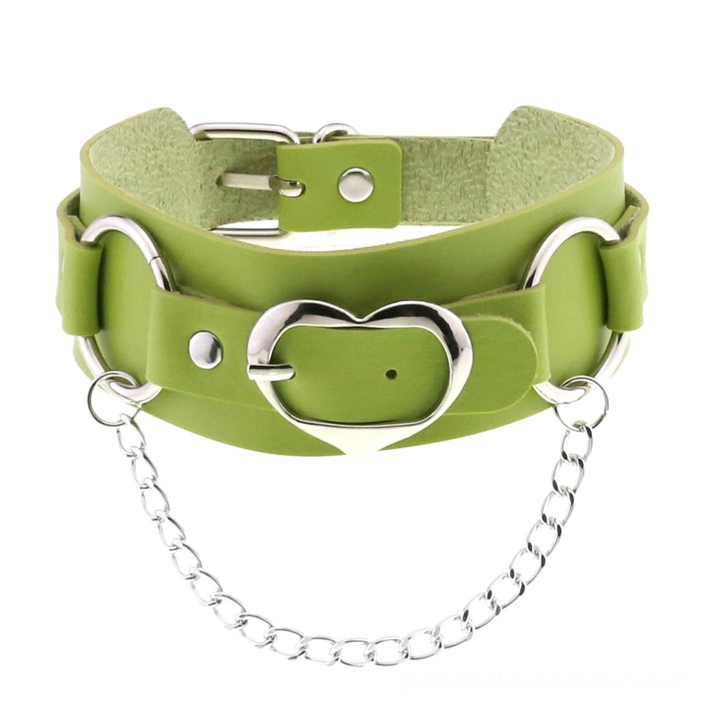 Forest green faux leather heart buckle choker with silver chain accent detail