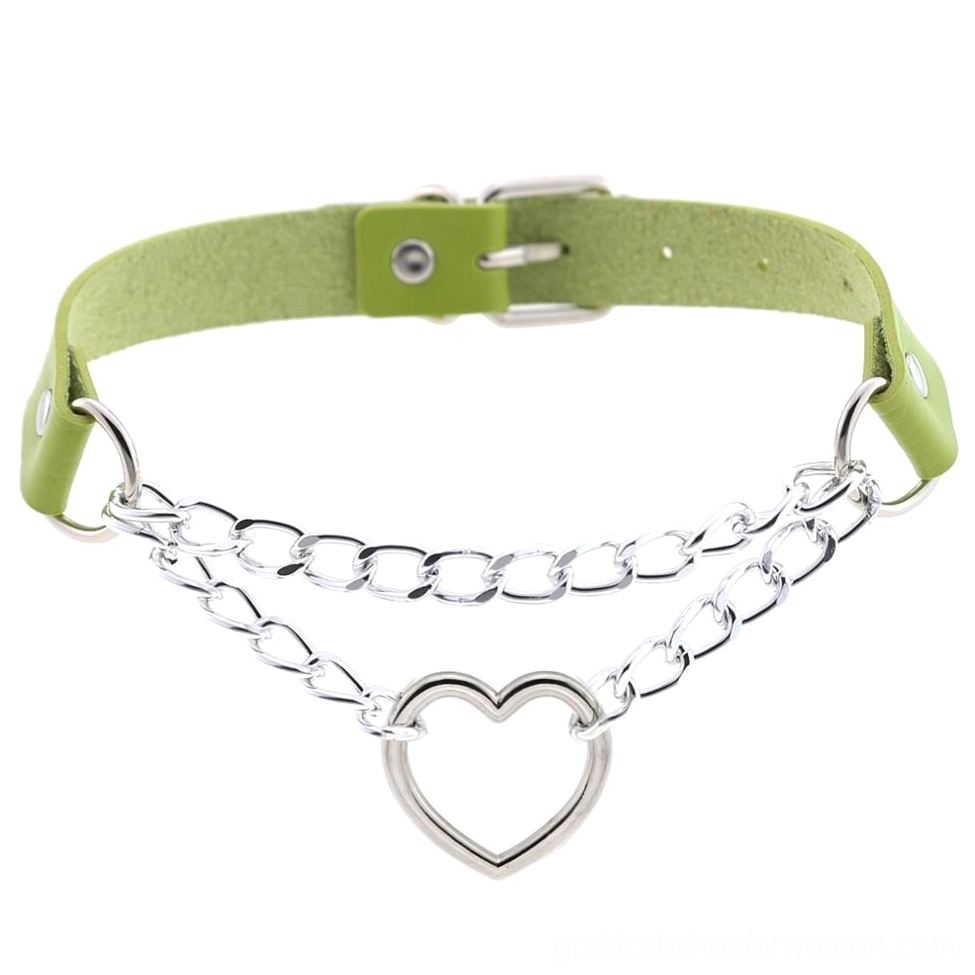 Green leather heart choker with metal chains and hollow pendant - goth alternative necklace