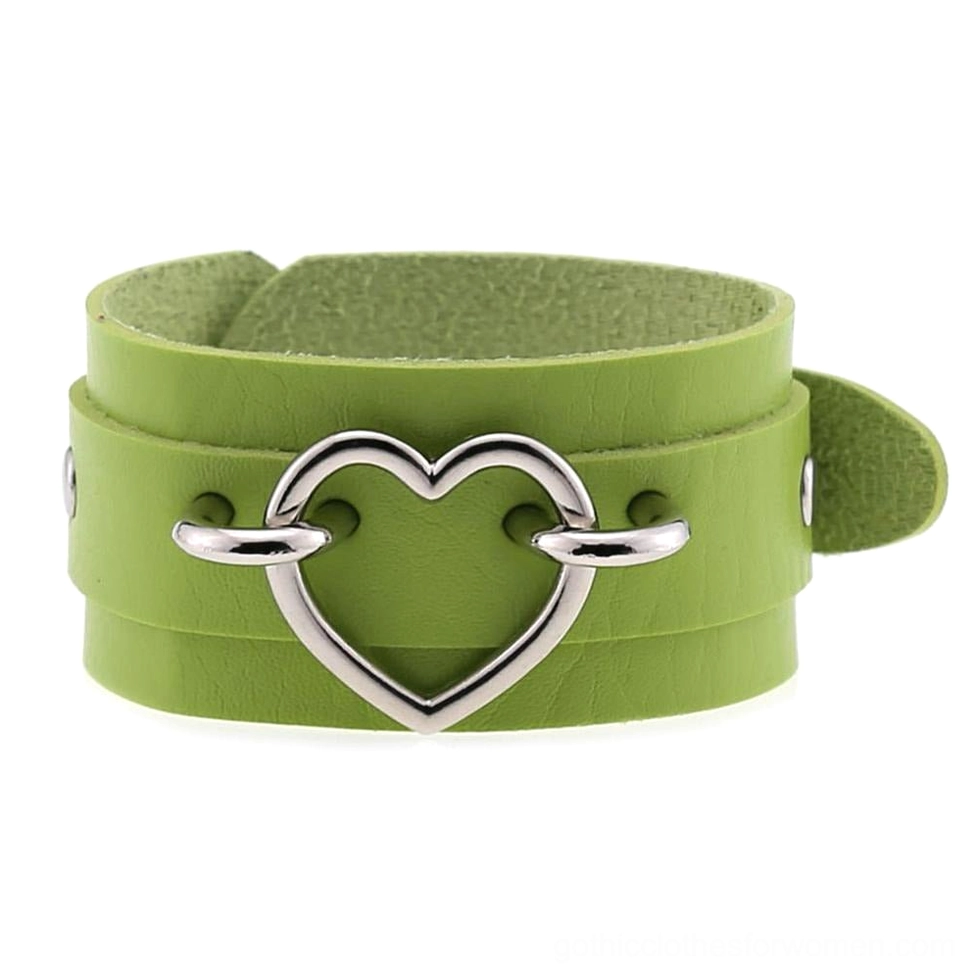 Green leather heart cuff bracelet with silver heart buckle, earthy gothic and witchy alternative accessory
