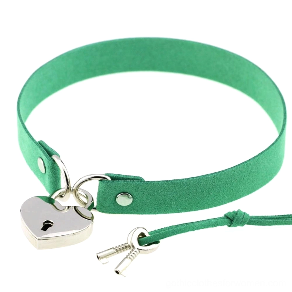 Green suede heart lock choker with silver padlock and decorative key - gothic necklace