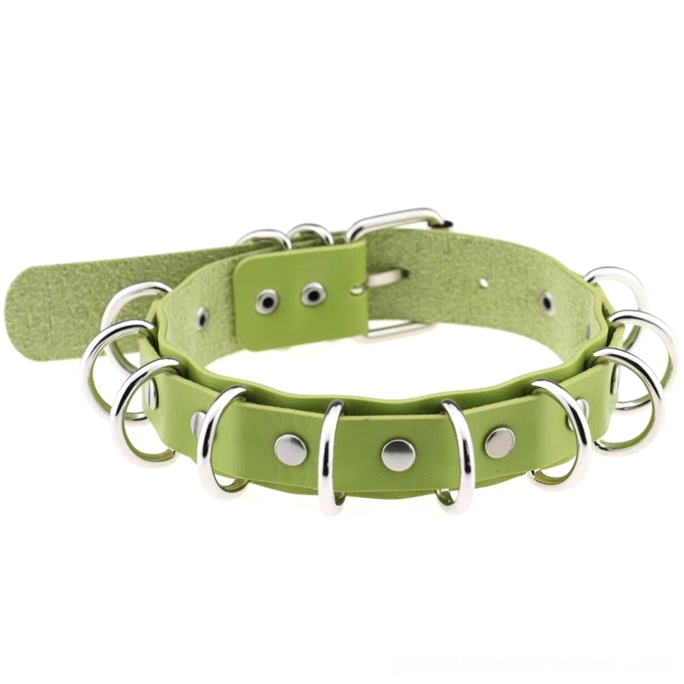 Green leather gothic choker with zinc alloy metal studs, alternative fashion piece