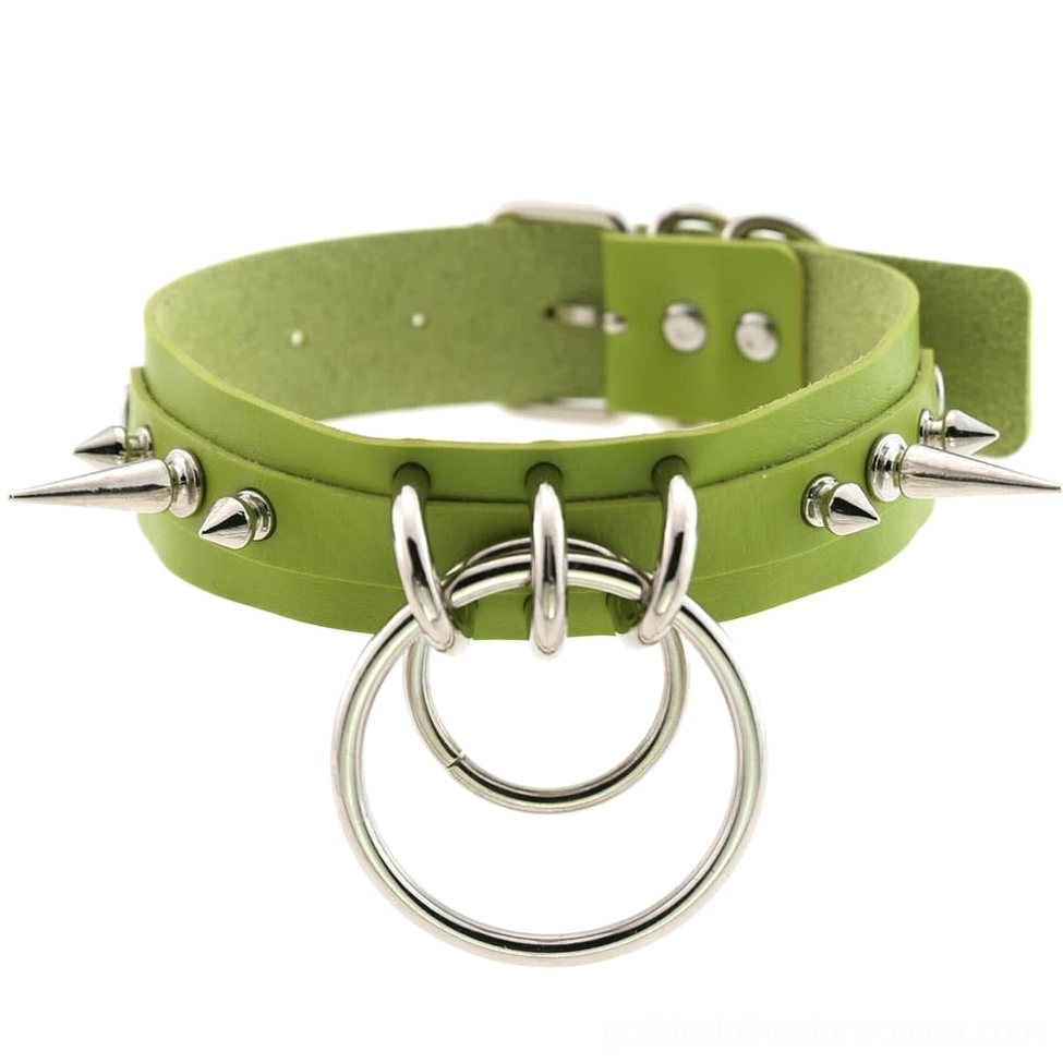 Green spiked leather gothic choker with double O-rings, silver metal spikes, and soft leather texture detail