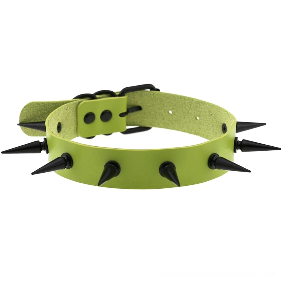 Green spiked choker collar unisex gothic neck accessory with adjustable fit and black iron studs