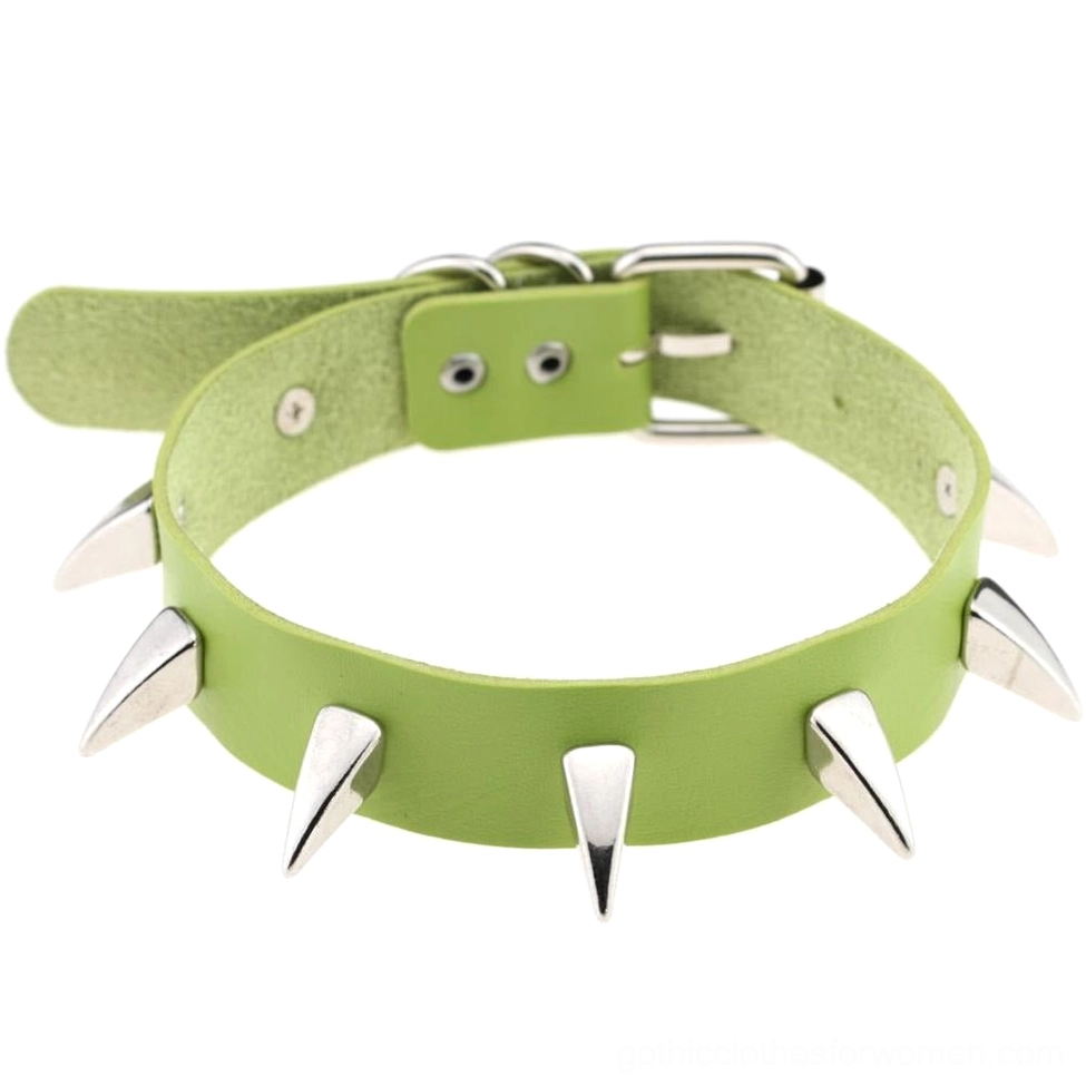 Green spiked leather gothic choker necklace with adjustable fit and silver cone rivet accents