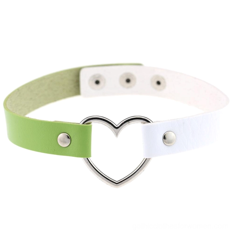 Lime green and white gothic choker necklace with heart pendant, alternative fashion jewelry for women
