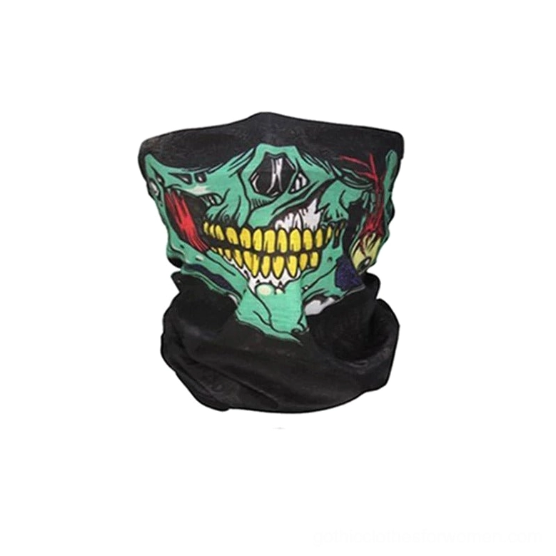 Green zombie skull gothic balaclava with yellow teeth, vibrant emerald skull print on black