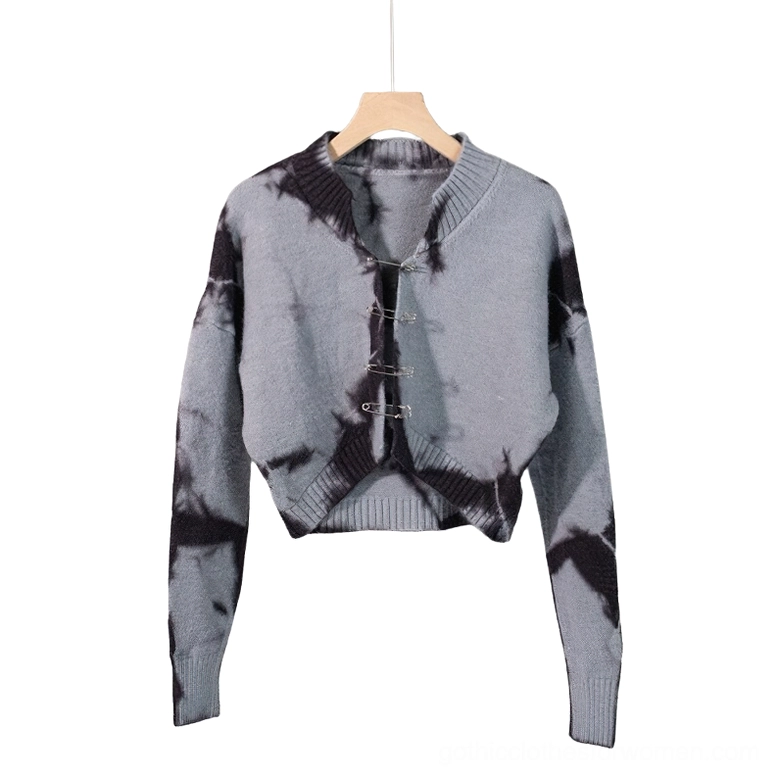 Grey and black tie-dye gothic crop top with silver safety pin closures, flat display