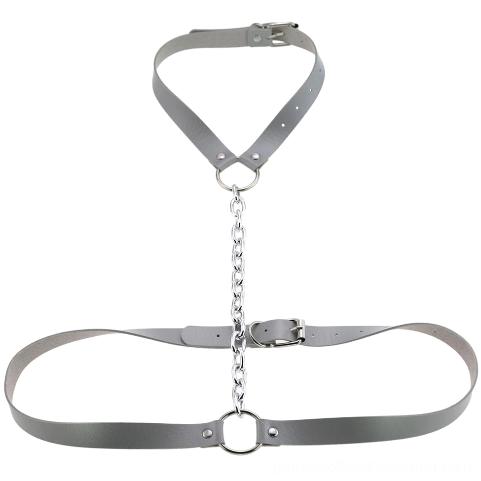 Grey vegan leather body harness with metal hardware and chain accents, adjustable gothic piece