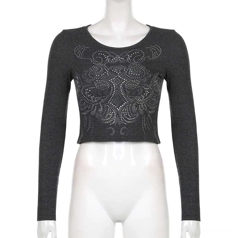 Grey gothic crop top with rhinestone pattern front view on mannequin, crew neck and cropped cut detail