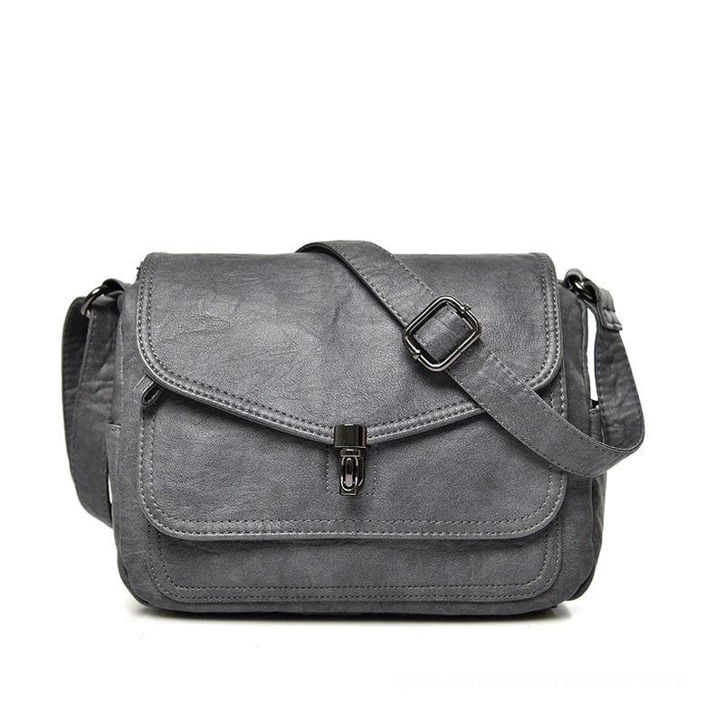 Grey gothic flap shoulder bag, soft leather crossbody handbag with twist-lock design