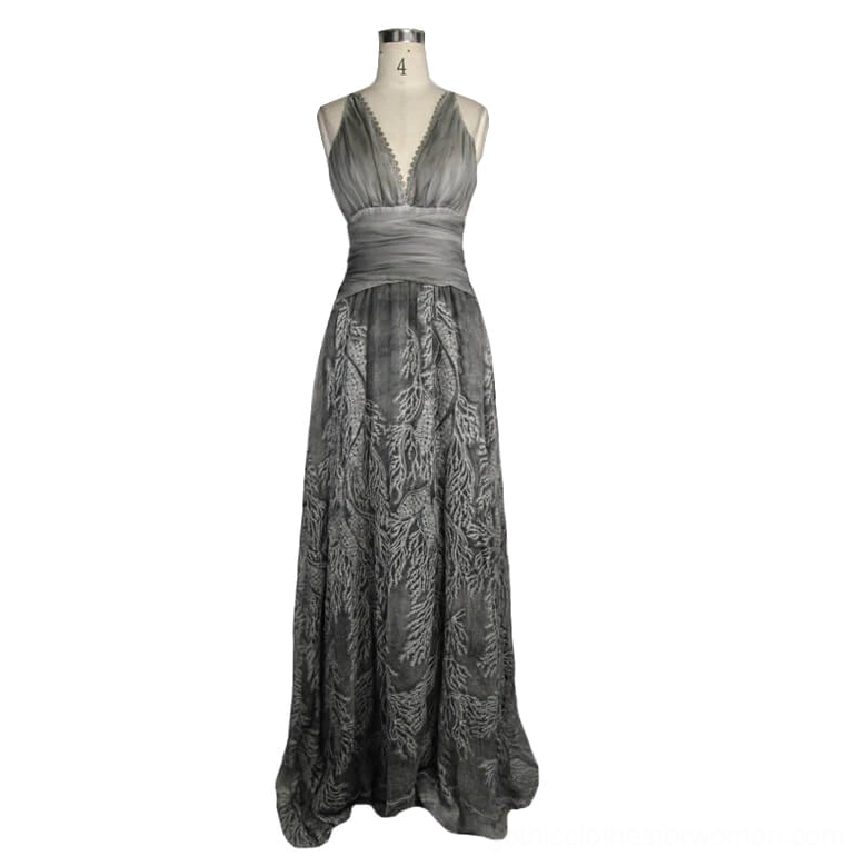 Grey gothic maxi dress front on dress form with V neckline ruched waist and vintage leaf print