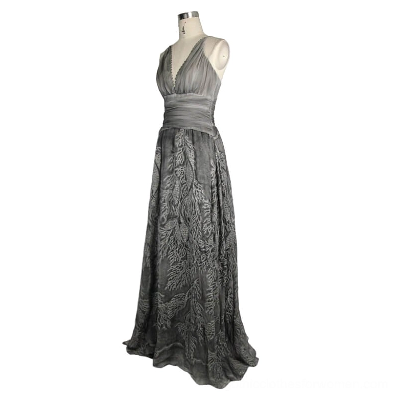 Grey silk gothic dress three-quarter front view on dress form with V neck and chiffon leaf pattern