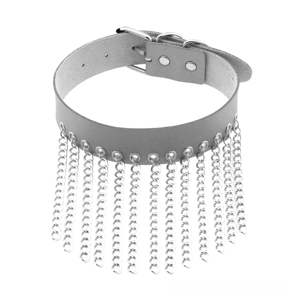 Grey leather choker with silver chain tassels adjustable gothic punk accessory