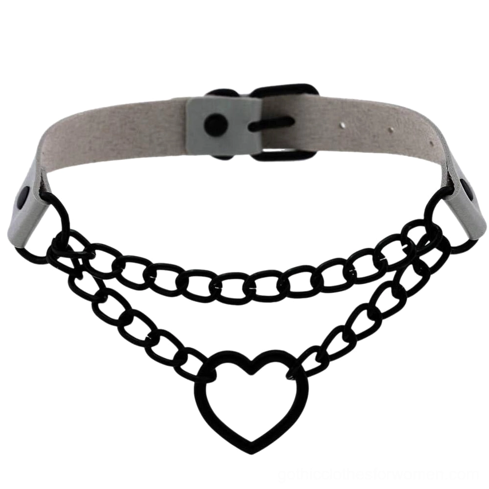 Grey PU leather heart choker with black chain details and hollow heart charm, flat lay product display