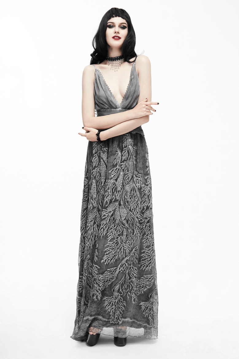 Grey silk gothic dress showing adjustable straps with D-ring closures and fabric drape