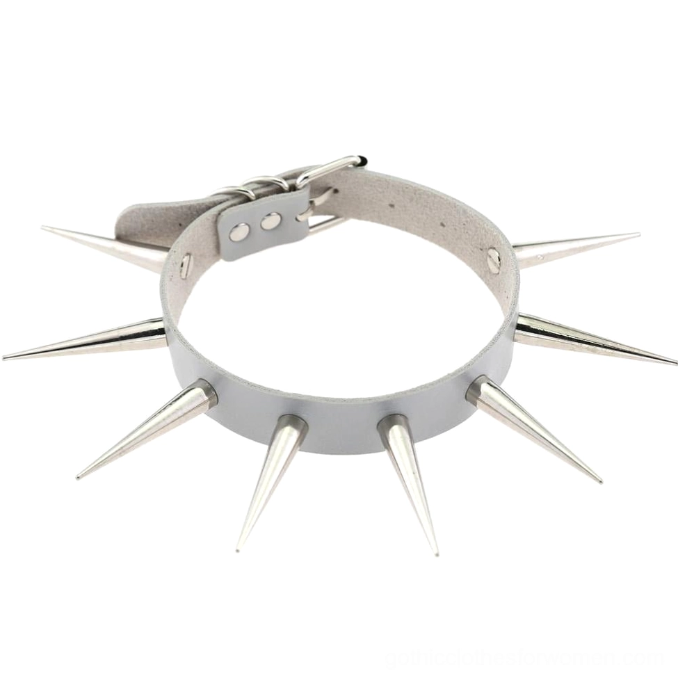 Grey faux leather gothic choker with sharp metal spikes displayed flat lay on white background full view