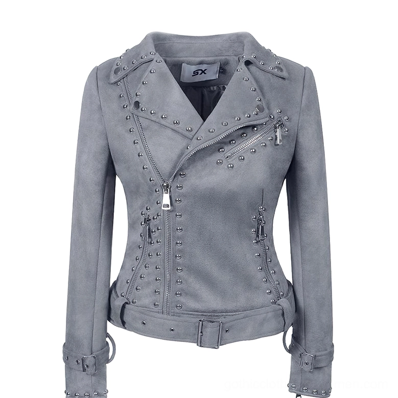 Light grey studded gothic moto biker jacket with silver rivets and zipper accents, women's faux leather jacket