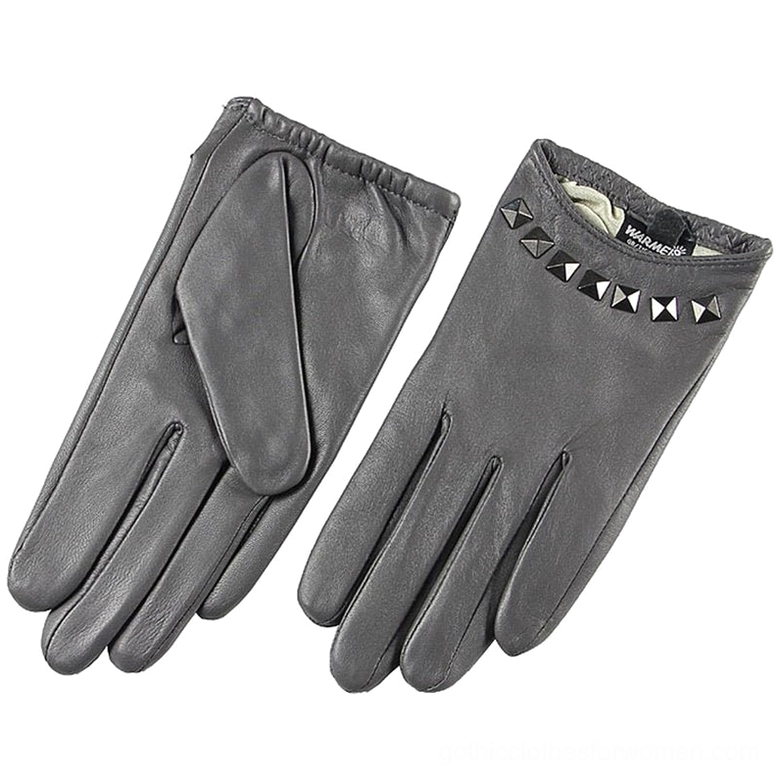 Grey genuine leather studded women's gloves with gothic rivet accents, available sizes S-XL