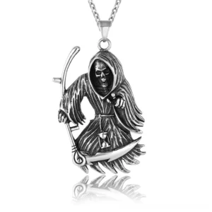 Grim Reaper scythe skull pendant necklace with silver chain on white background - gothic memento mori jewelry
