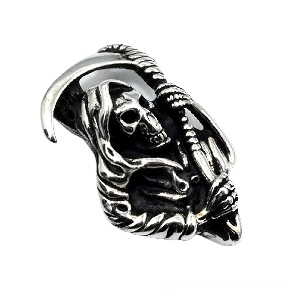 Grim Reaper sterling silver pendant side angle view, showing carved details and antique darkened finish with vintage character