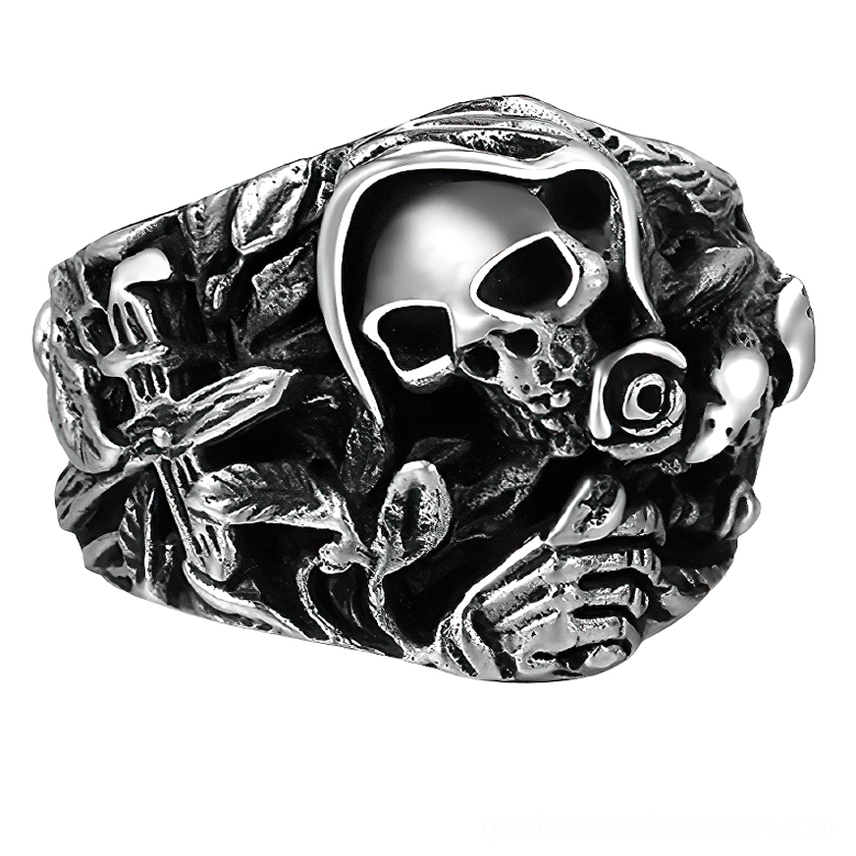925 sterling silver grim reaper skull ring with carved rose and cross details, three-quarter view showing intricate gothic design