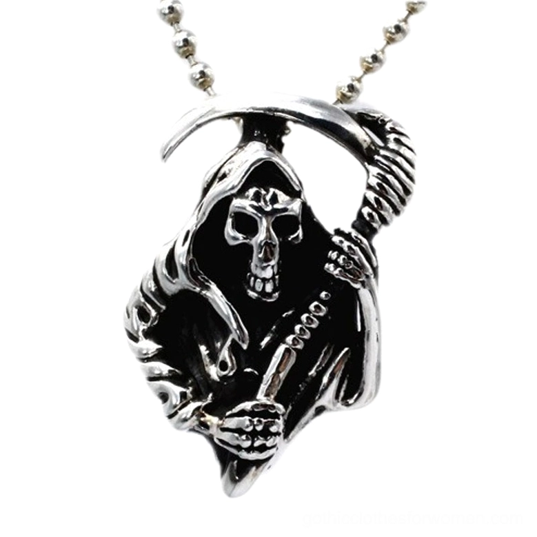 Grim Reaper skeleton pendant in antique sterling silver, front oblique view showcasing intricate hooded death figure with scythe design