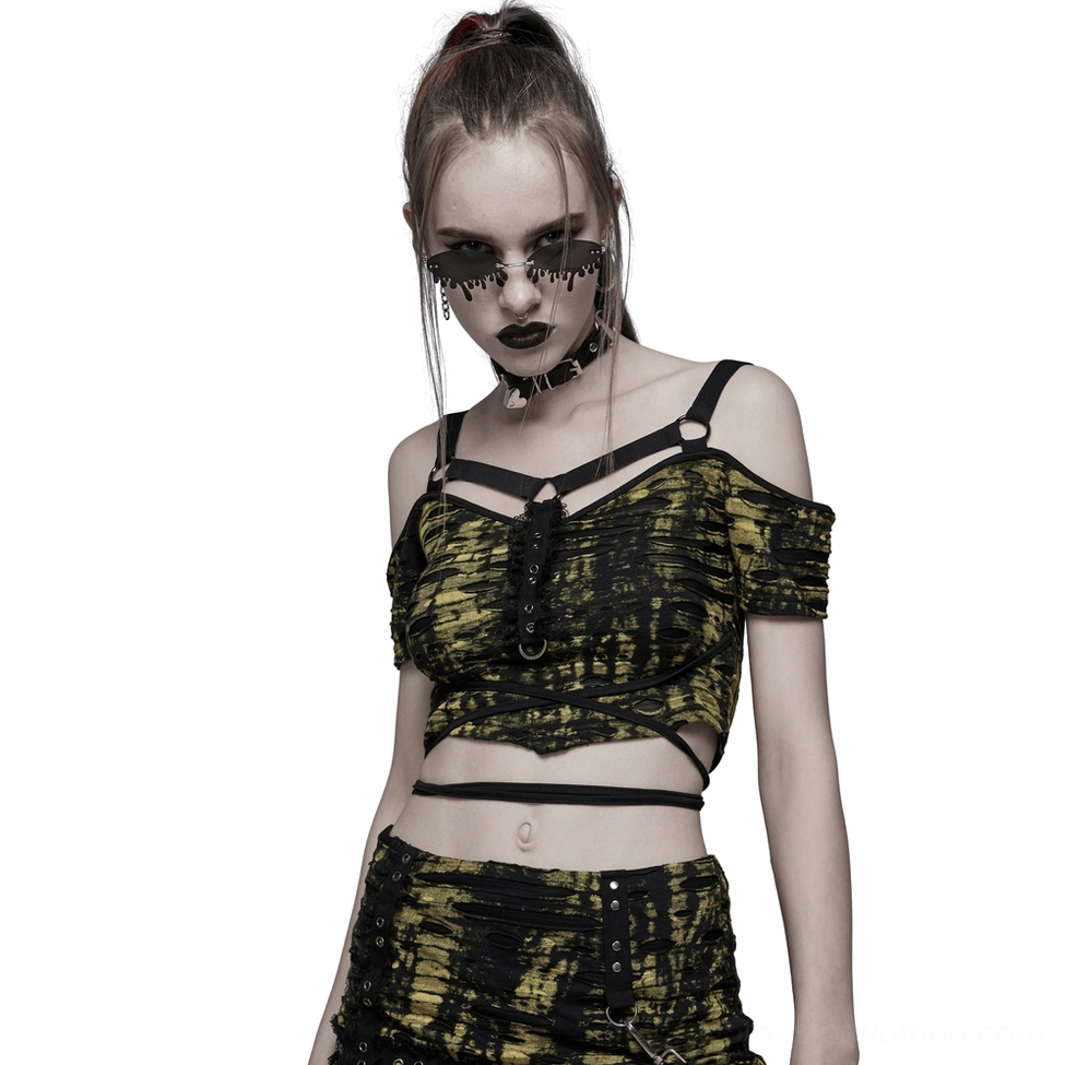 Grunge cold-shoulder crop top with harness straps front view on fashion model