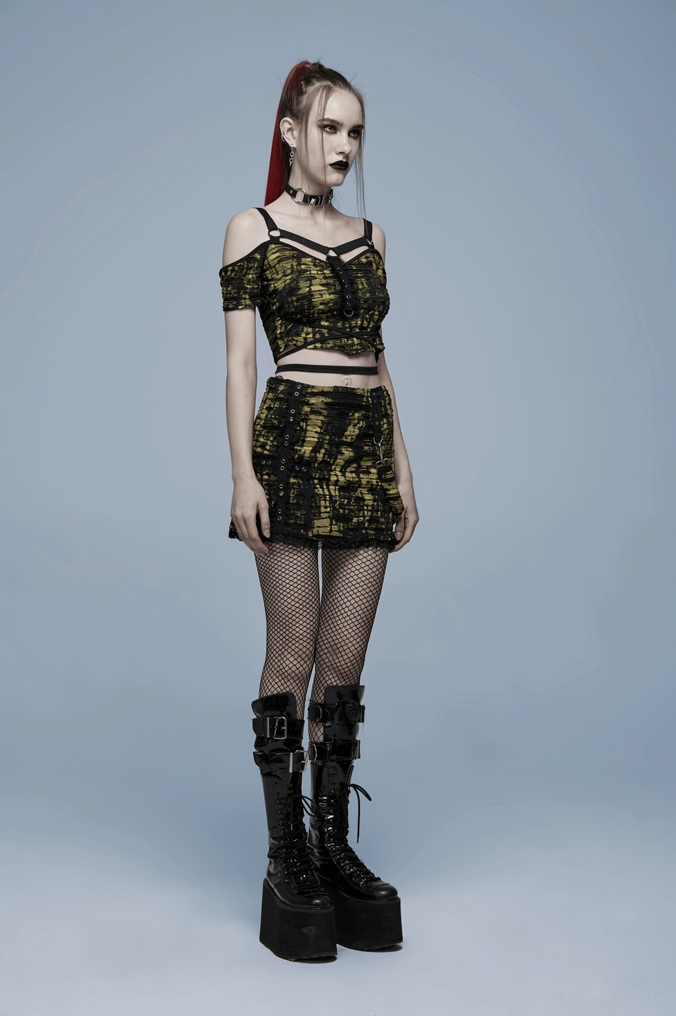 Black grunge crop top harness system and tie-waist closure styling detail