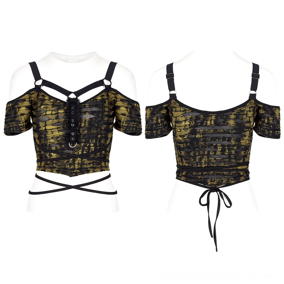 Distressed knit grunge crop top front and back mannequin display with cross waist straps
