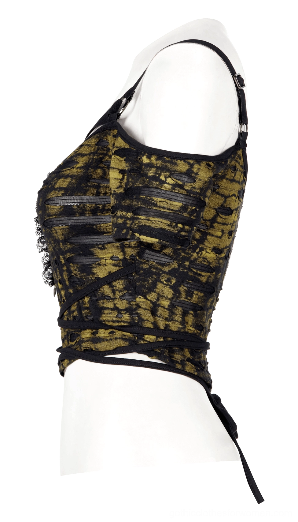 Tie-dye knit crop top side view displaying distressed fabric and cold-shoulder cut