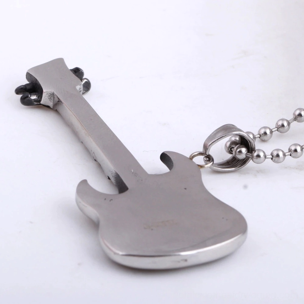 Back view of electric guitar pendant showing smooth polished stainless steel reverse side of gothic jewelry