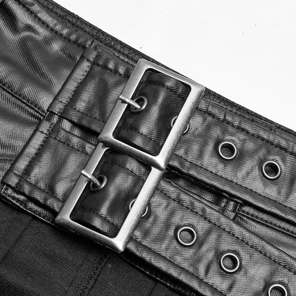 Dual metal buckles and eyelet hardware close-up - showing stitched faux leather detail and industrial fastening system