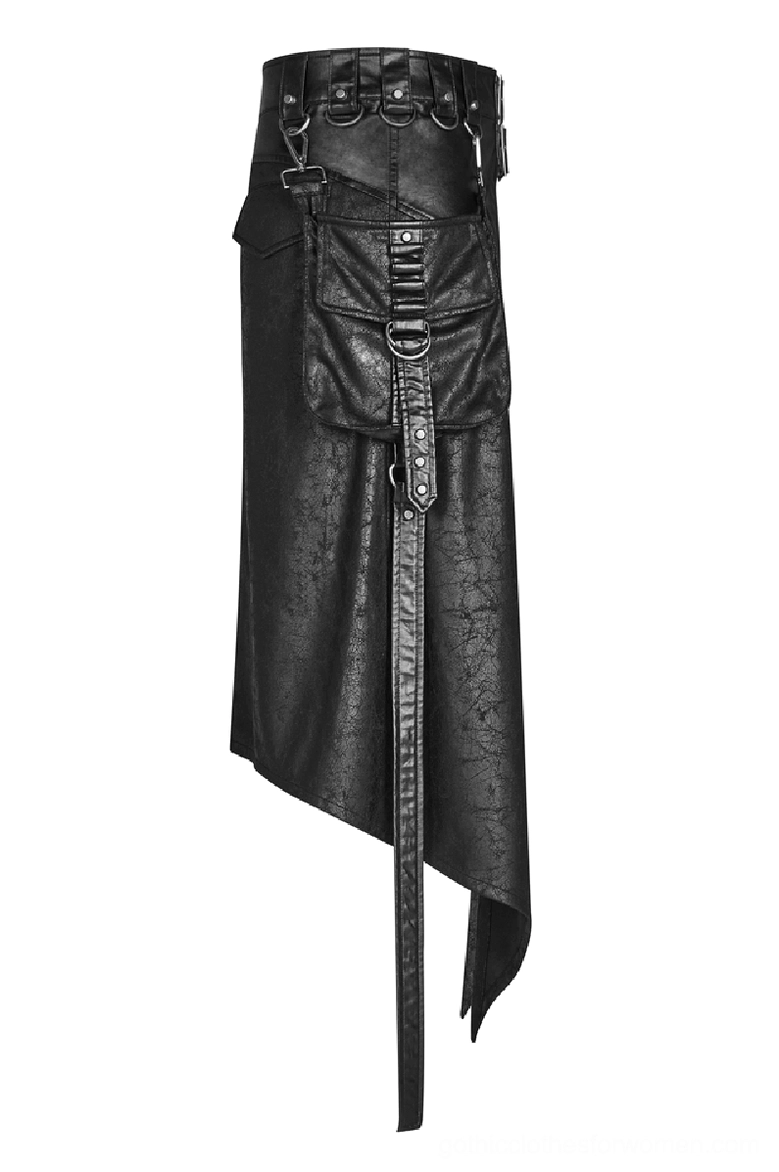 Dieselpunk half kilt side view flat lay - showing utility side pocket, long hanging strap, and metal buckle details