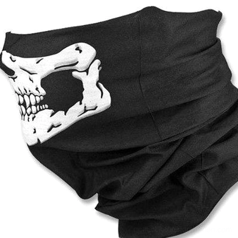Half-skull printed gothic balaclava, white half-skull design on draped black fabric side view
