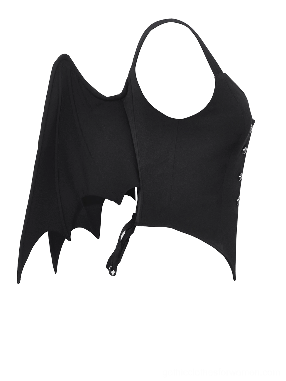 Halter bat wing corset top side flat lay view showing adjustable straps and structured bodice