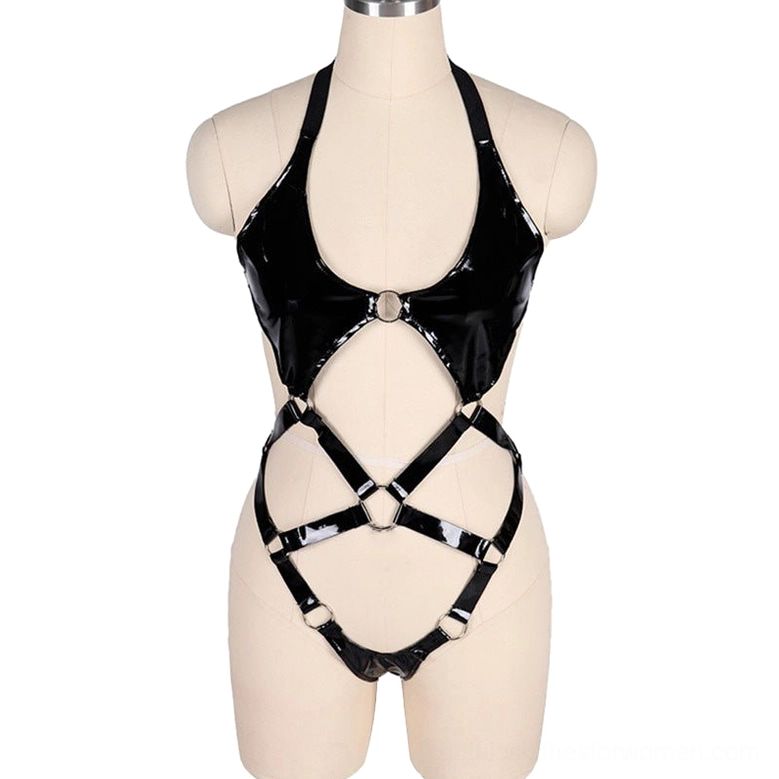 Patent leather halter bodysuit on display form with central front metal ring and crisscross lower harness straps