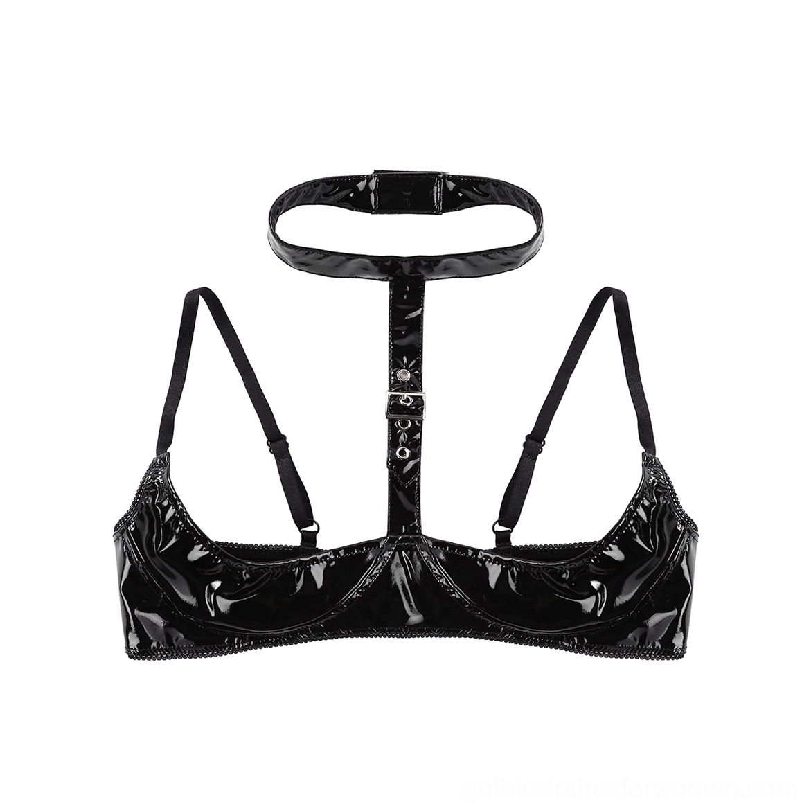 Black patent leather halter bra top-down view showing detachable choker and lustrous glossy surface