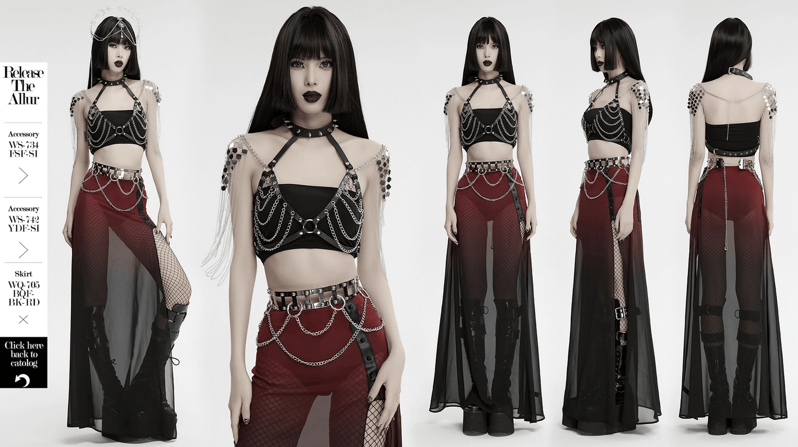 Front-facing spiked halter harness with metal O-rings and layered chain elements, alternate angle