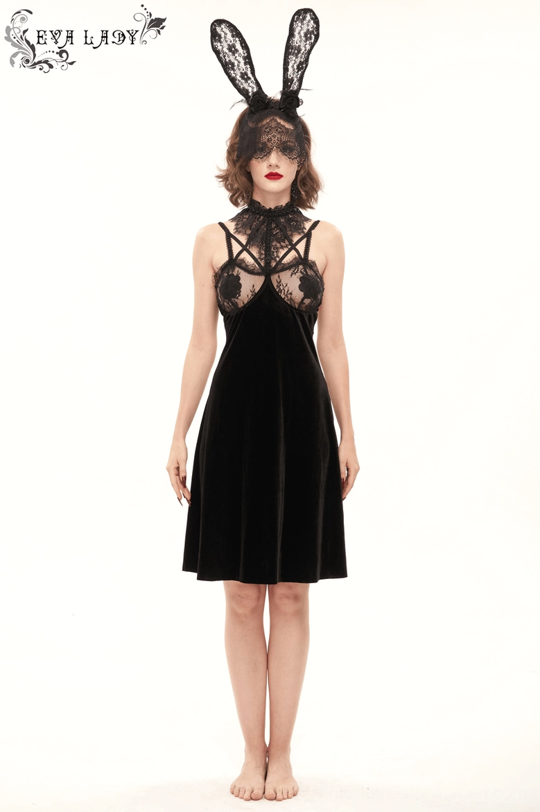 Halter neck and lace trim detail - black gothic slip dress construction