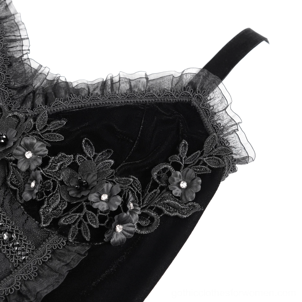 Gothic halter dress strap and bodice detail showing black velvet tulle trim and gem-embellished lace